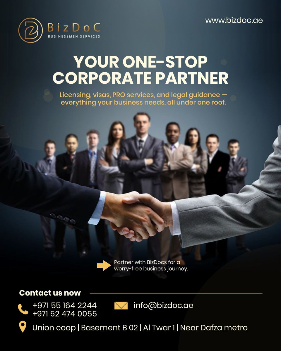 BizdocServices's tweet photo. Your all-in-one solution for business setup in Dubai. From licensing and visas to expert legal guidance, BizDoc provides a seamless, worry-free journey so you can focus on growth. Your corporate success starts here. https://t.co/Q7gZVu0MlB