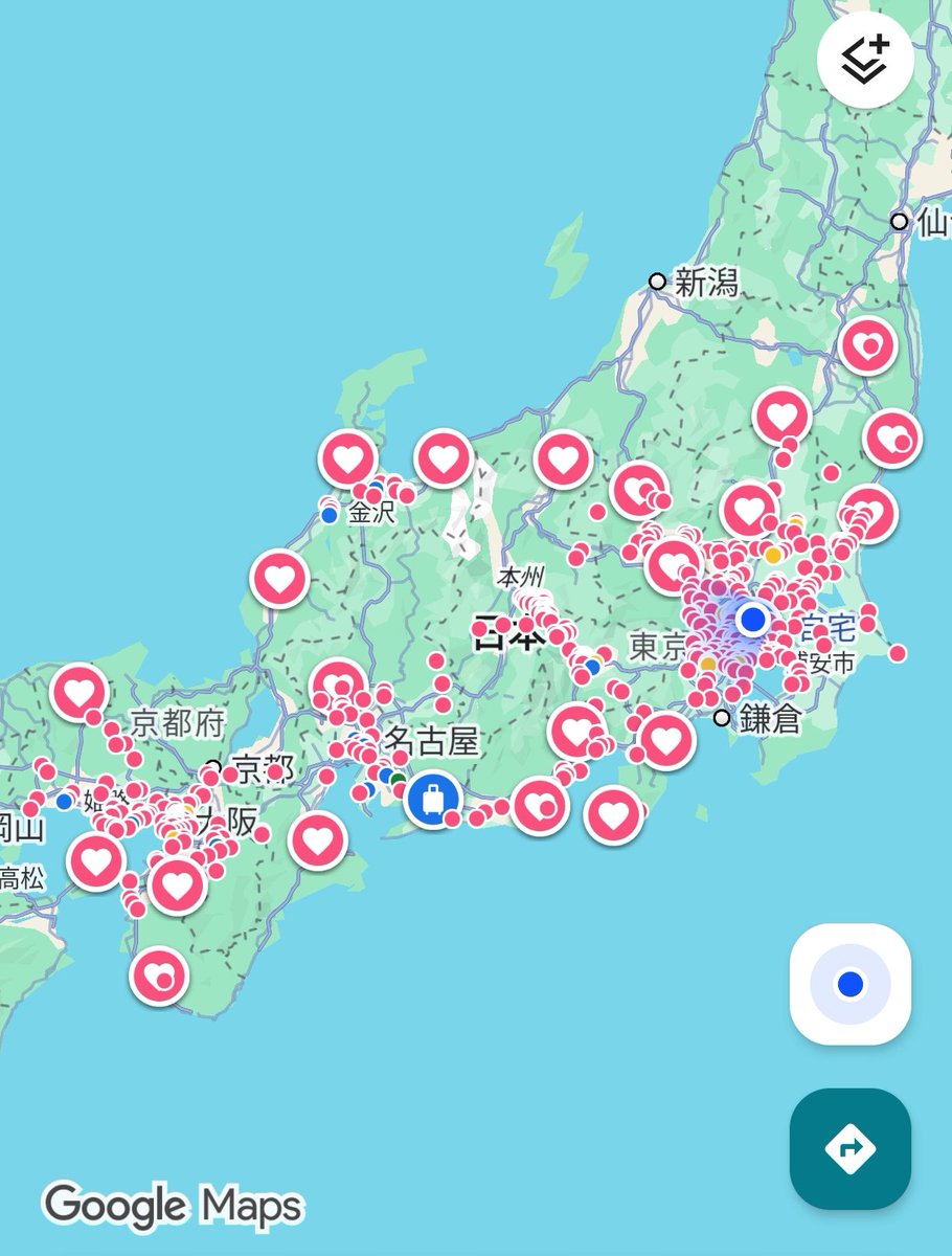 GROUP63220931's tweet photo. 1枚目が2年前の11月
2枚目が本日

この２年間でいろいろなところに行かせてもらいました💪もちろん仕事です🚗
軽貨物も通信も🔥

ちょっとハートが多すぎて気持ち悪い😅
#Googleマップ
#お気に入り
#軽貨物
#通信
#お仕事 https://t.co/3y1qezK6en