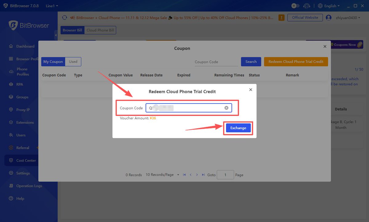 BitBrowser2's tweet image. Here&apos;s how to redeem your voucher in 3 easy steps! 🎁
1️⃣ Go to #BitBrowser → Cost Center → Coupon
2️⃣ Click &quot;Redeem Cloud Phone Trial Credit&quot;
3️⃣ Paste your code &amp;amp; hit &quot;Exchange&quot;