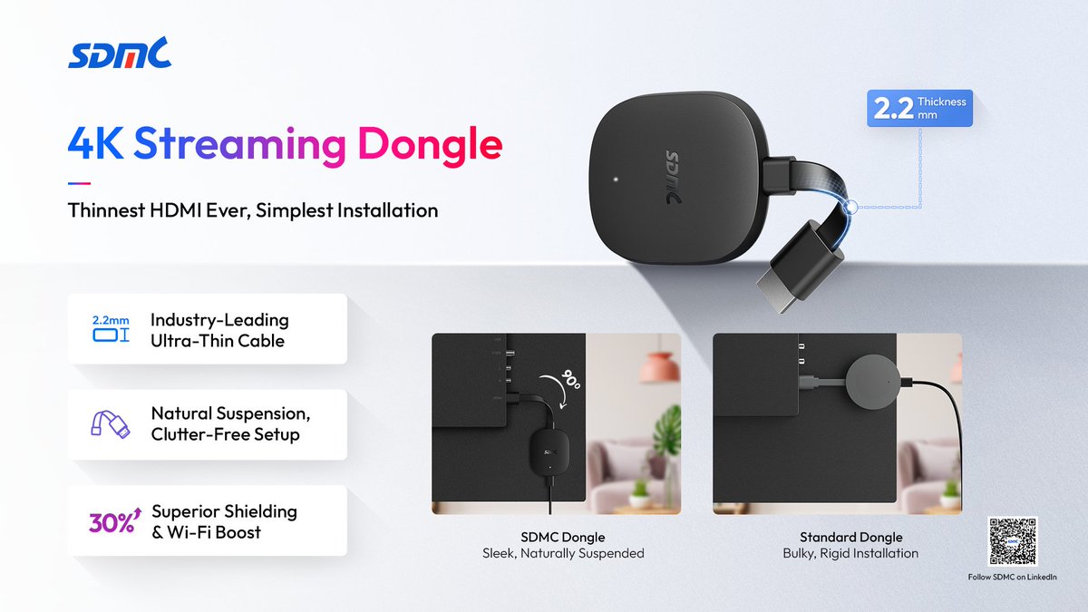 sdmctech's tweet image. Introducing SDMC&apos;s 4K Streaming Dongle

Powered by Amlogic S905X5M, this incredibly small dongle weighs only 60g and comes with a slim 2.2mm HDMI cable.

Ready to simplify next-gen streaming? Join #SDMC at #APACTVSummit2025: en.sdmctech.com/contact-us/ser…

🎯Meeting Room 117
📆Nov 18-20