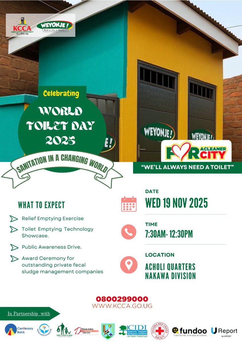 Join us in celebrating World Toilet Day 2025 as we promote better sanitation for a cleaner, healthier city!
<a href="/KCCAUG/">Kampala Capital City Authority (KCCA)</a> <a href="/Buzeki_Sharifah/">Hajjat Sharifah Buzeki</a>