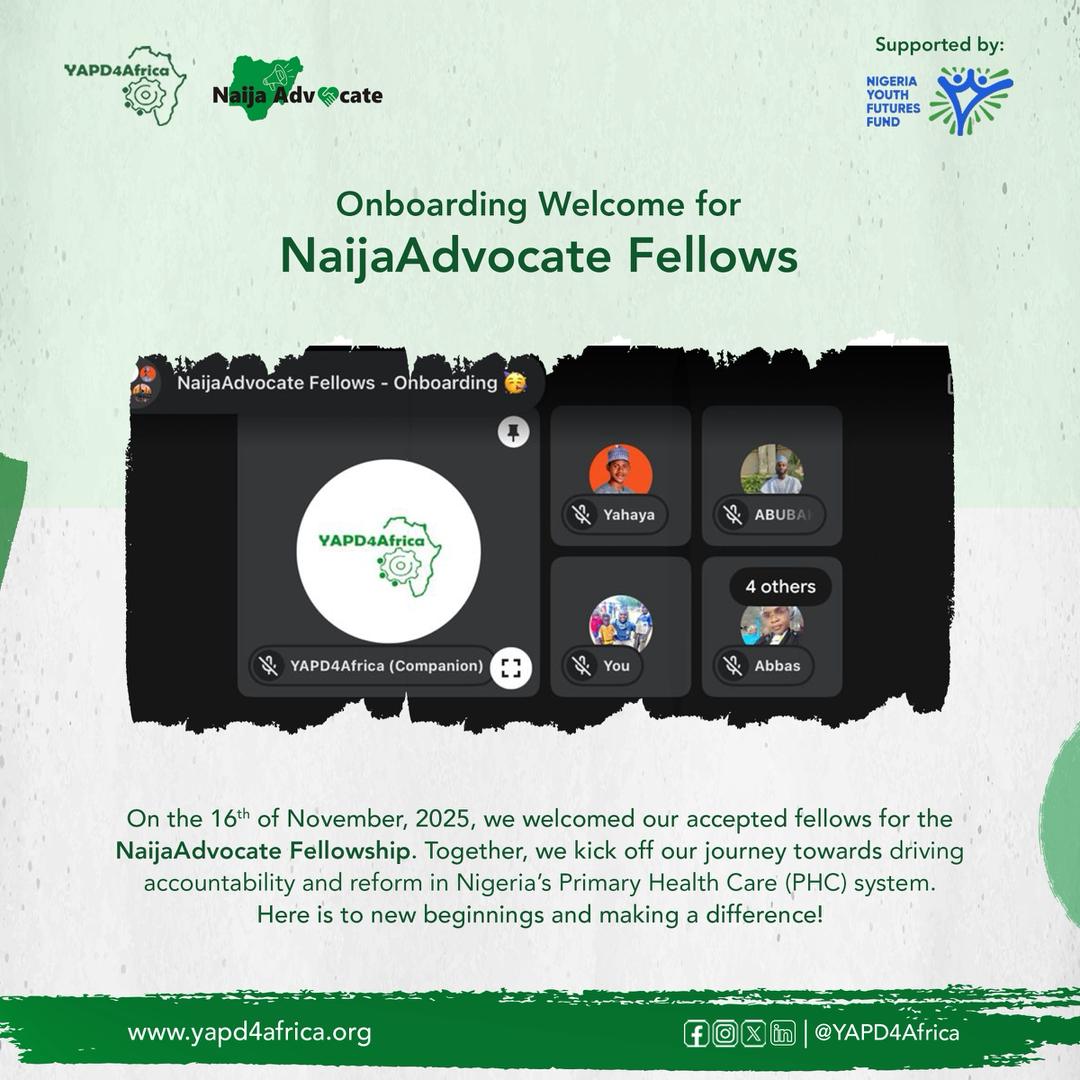 YAPD4Africa's tweet photo. Congratulations #NaijaAdvocate Fellows🎉

It was a groundbreaking kickoff with our 10 selected fellows as we embark on this journey to empower them to strengthening primary healthcare systems in Kano State.

Stay tuned for updates coming soon!

 #NYFF #FixTheirPHCs #FixOurPHCs https://t.co/rklSg9WRrf