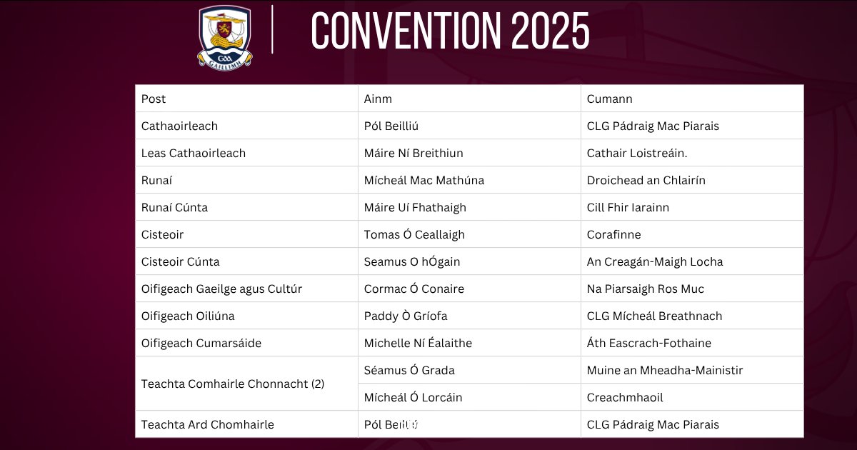 🔈Comhdháil 2025 / Convention 2025  

The following candidates have been nominated and have confirmed that they are willing for their names to go forward for election. As none of the positions are contested, there will be no election at the convention.