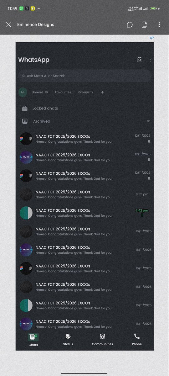 Eminence_Nuel's tweet image. So, a random thought just crossed my mind while I was trying to really implement what I&apos;ve learnt so far in Auto layouts, Components, typography and some shortcuts, then I decided to replicate the WhatsApp Chats page. 

I&apos;d love your feedback, yunno!😁