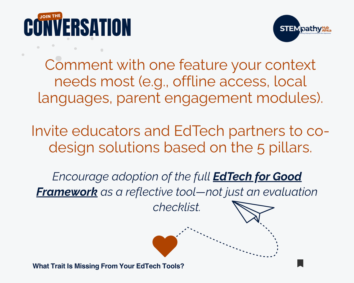 STEMpathyAfrica's tweet image. If you’re building EdTech for Africa, partner with teachers.

They don’t just know what works —
 they can help build it.

#EdTechForGood #TeacherAgency #EdTechAfrica #CBEKenya #LearningEquity #AfricaEdTech2030 
@EdTechEastAfrica @LamuTechHub @DignitasKE @UNESCO @AUDANEPAD