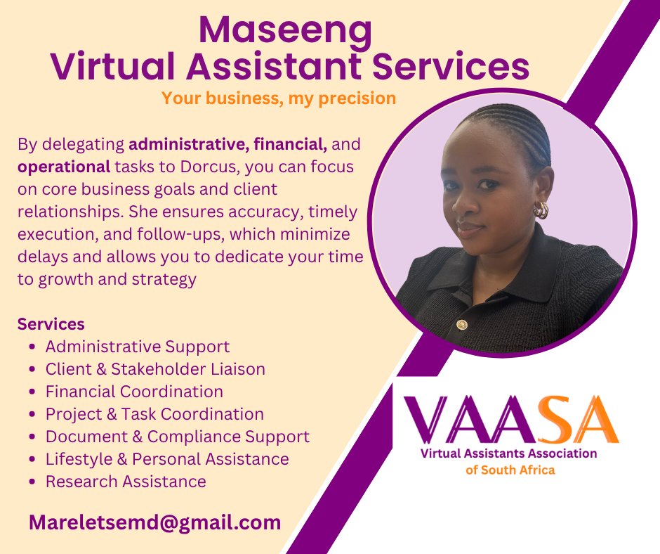 VA_Association's tweet image. “A virtual assistant can amplify your efforts and help you achieve more than you ever thought possible.” – Unknown

Please contact Dorcus to find out how she can help you by emailing Mareletsemd@gmail.com

#virtualassistant
#businessupport
#admin