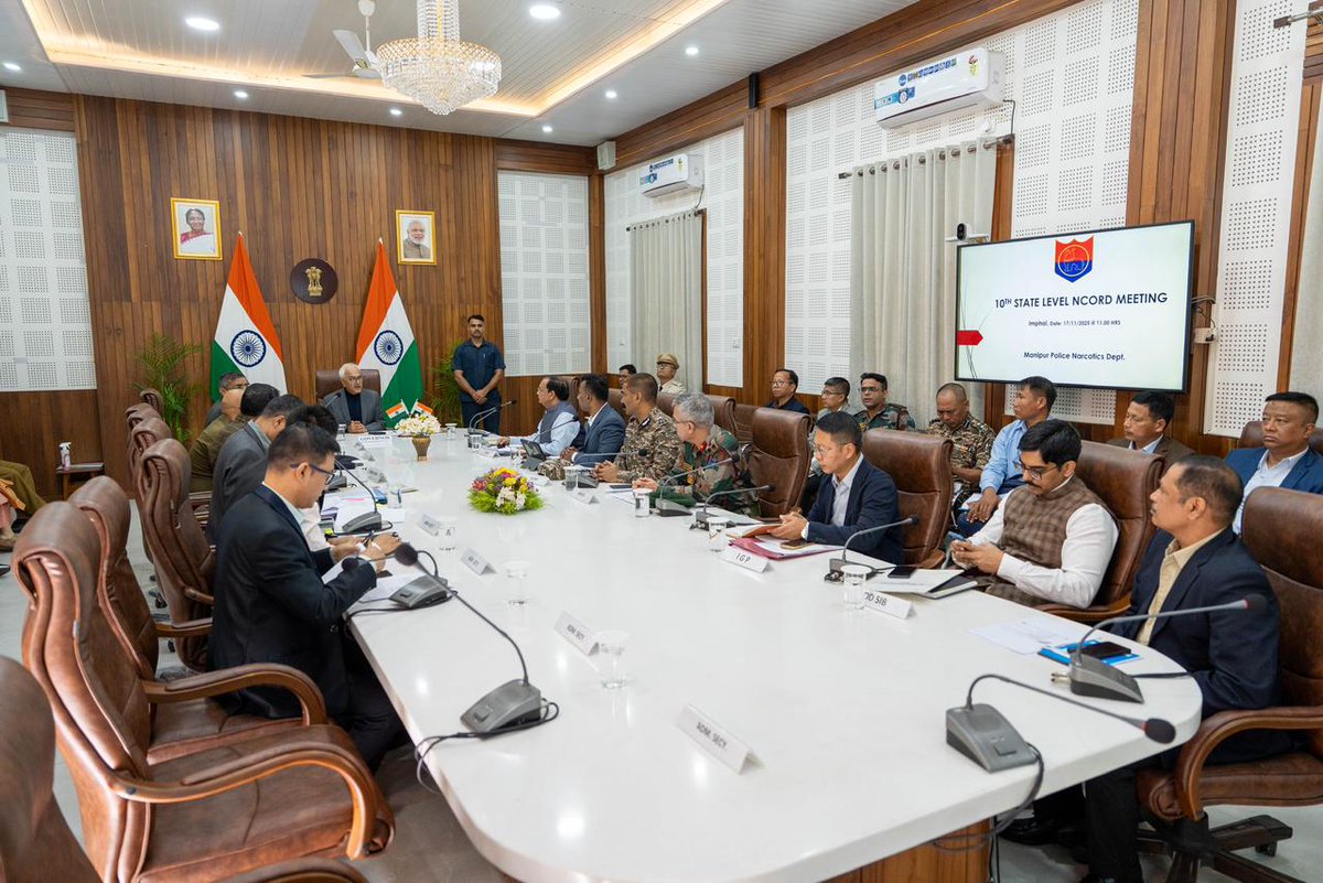 NCBNER's tweet image. At the 10th Manipur NCORD meeting, Hon’ble Governor of Manipur Sh. Ajay Kr Bhalla reviewed narcotics trafficking and efforts to eradicate poppy cultivation. DDG NER R Sudhakar IPS represented NCB, reinforcing inter-agency coordination. #NCORD #NarcoticsControl @narcoticsbureau