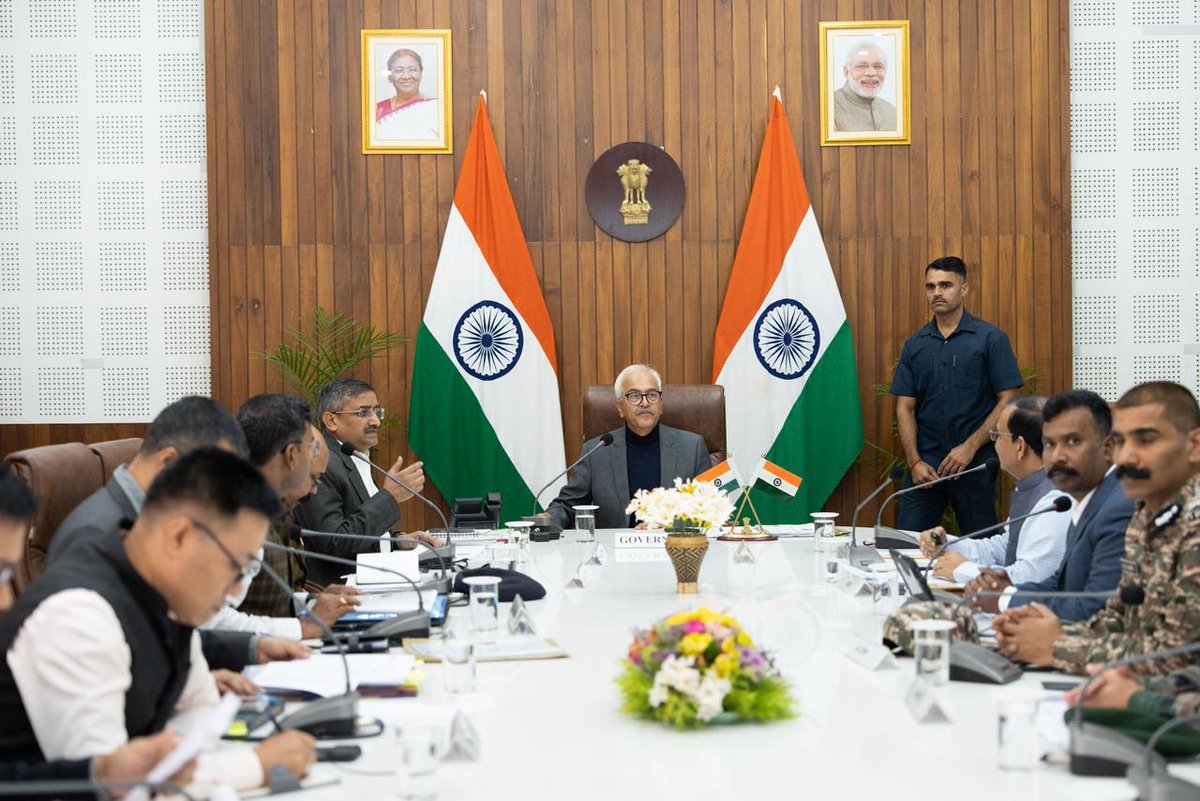 NCBNER's tweet image. At the 10th Manipur NCORD meeting, Hon’ble Governor of Manipur Sh. Ajay Kr Bhalla reviewed narcotics trafficking and efforts to eradicate poppy cultivation. DDG NER R Sudhakar IPS represented NCB, reinforcing inter-agency coordination. #NCORD #NarcoticsControl @narcoticsbureau