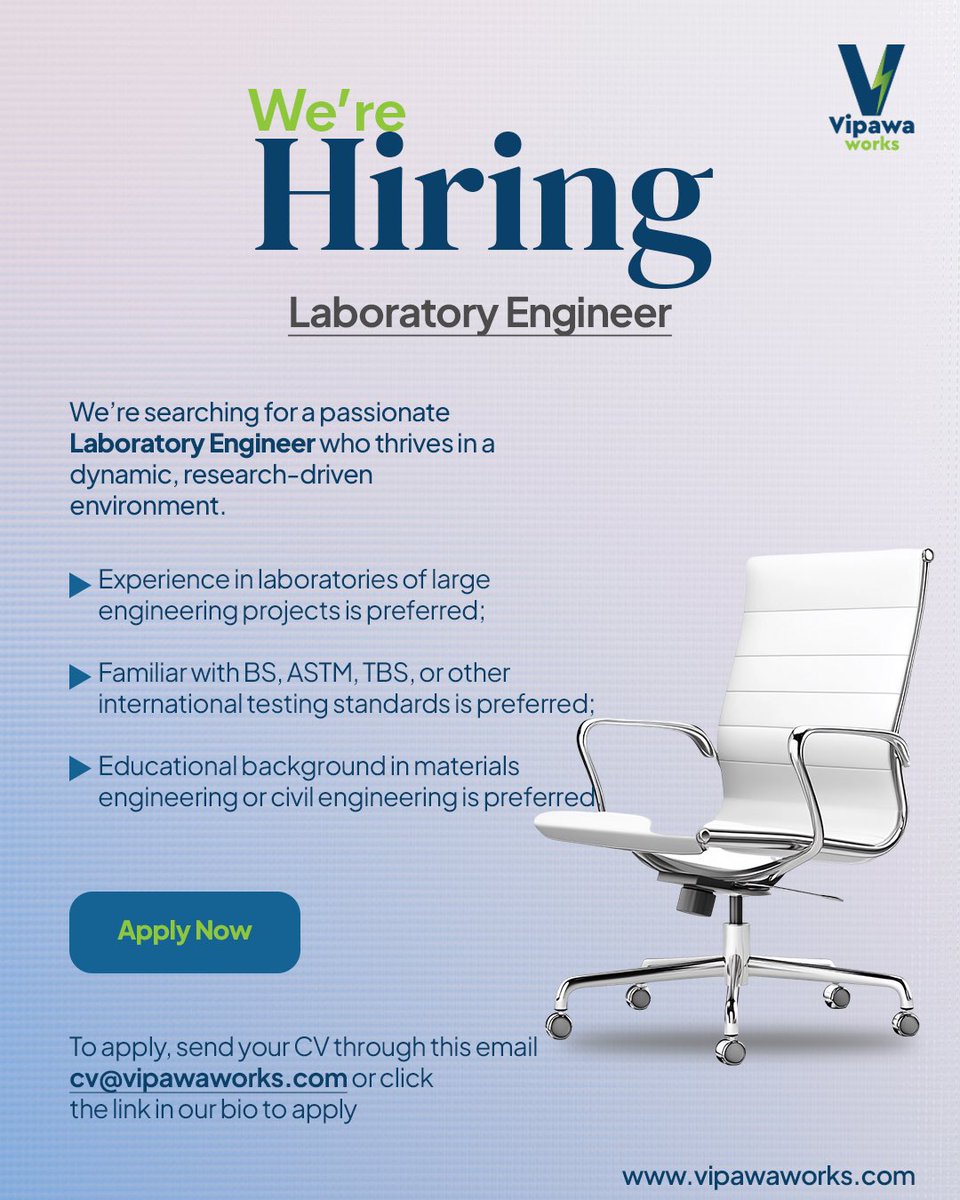 Vipawaworks's tweet image. Grow Your Career with Us!
We’re recruiting a Laboratory Engineer for one of our trusted clients. 

If you thrive in technical environments and value accuracy, this role is for you.

🚨To apply: visit our website 👇

🌐 vipawaworks.com

#VipawaWorks #JoinOurNetwork
