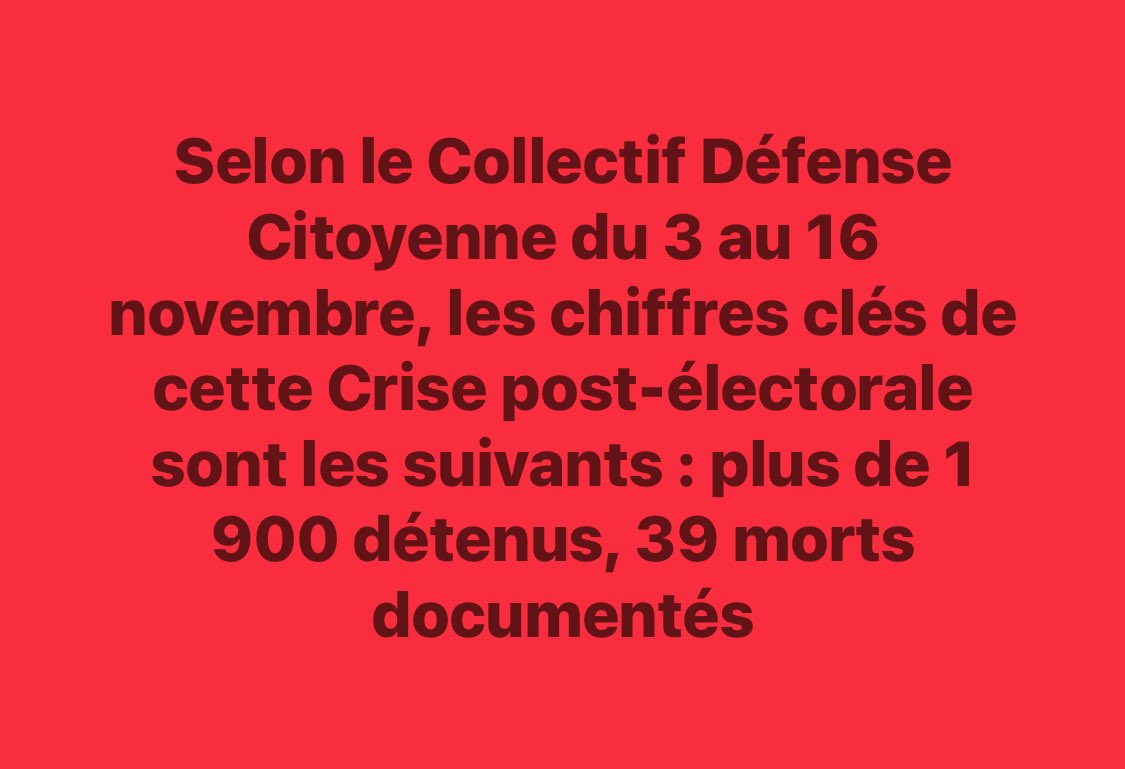 UpcManidem's tweet photo. Selon le Collectif Défense Citoyenne du 3 au 16 novembre, les chiffres clés de cette Crise post-électorale sont les suivants : plus de 1 900 détenus, 39 morts documentés.

📄 Lire le communiqué :
🔗 https://t.co/aj3TzfAFzP

📘 Consulter le rapport complet :
🔗 https://t.co/RqoSAuHxqX

#JusticePourTous
 #DéfenseCitoyenne 
#CrisePostÉlectorale
 #DroitsHumains
#LiberezLesPrisonniersPolitiques