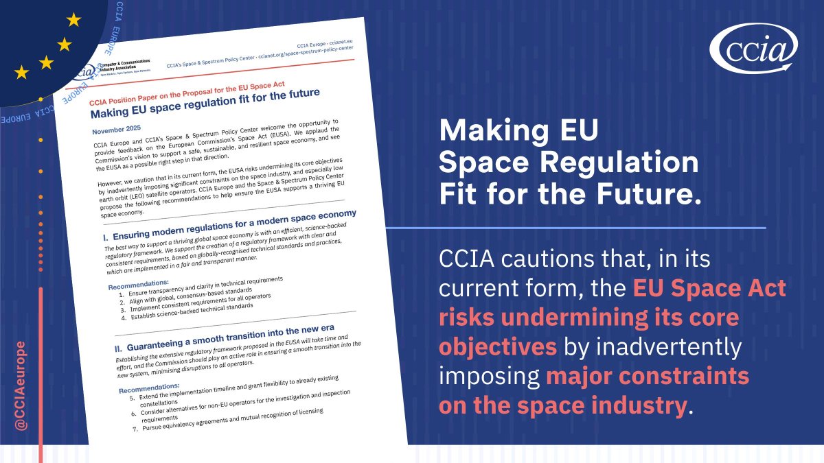 Making #EUSpace Regulation Fit for the Future 🚀 

In its current form, the EU #SpaceAct risks undermining its core objectives by inadvertently imposing significant constraints, especially on low earth orbit (LEO) #satellite operators.  

➡️ Discover: ccianet.org/library/ccia-r…