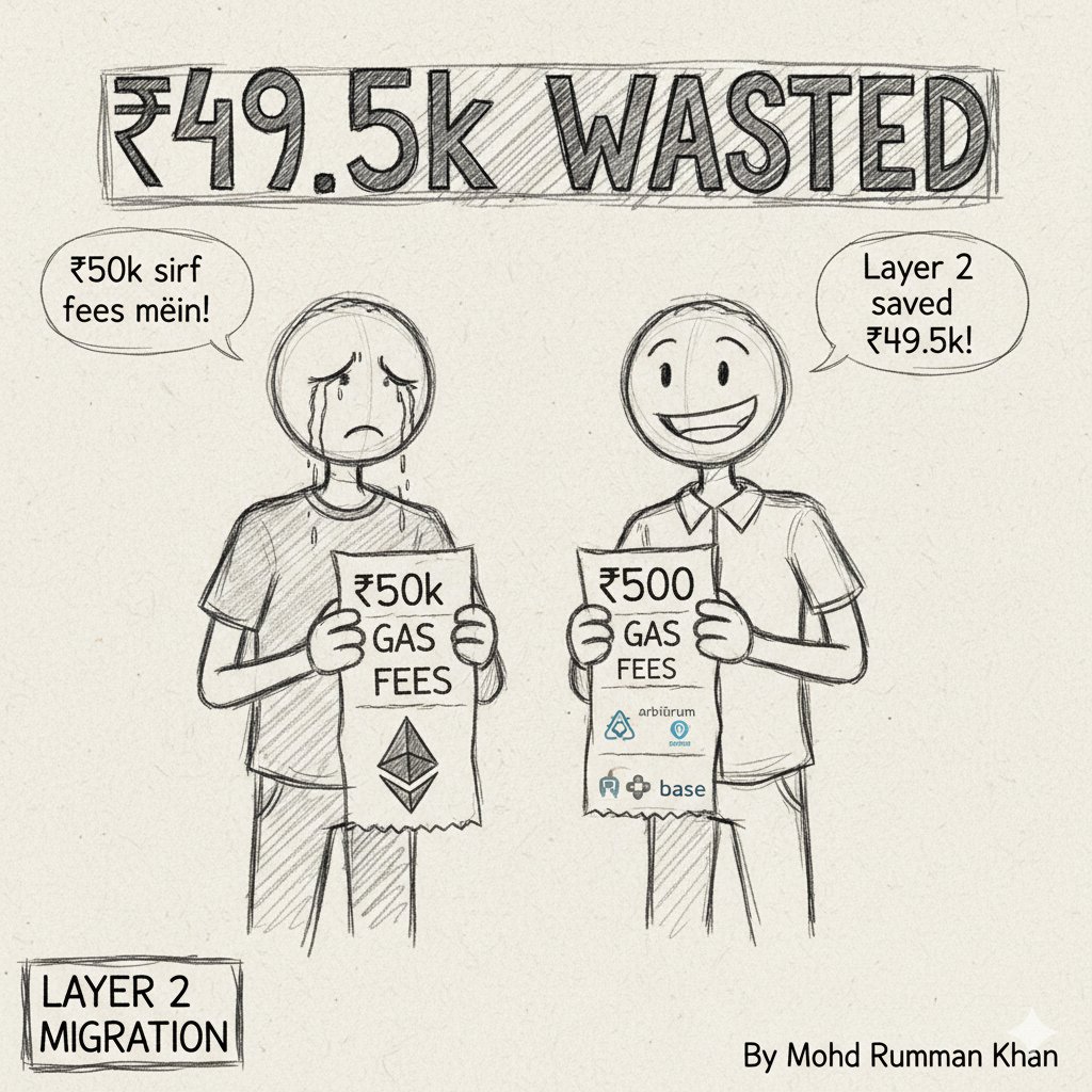 MohdRummanKhan1's tweet image. &quot;I used Ethereum mainnet for 6 months and paid ₹50k in gas fees. my friend migrated to Layer 2 networks and paid only ₹500 total for the same transactions.

layer 1 ka chakkar ne mera ₹49.5k waste kiya&quot; 🧵👇

#LearnKaroCryptoKaro #Layer2