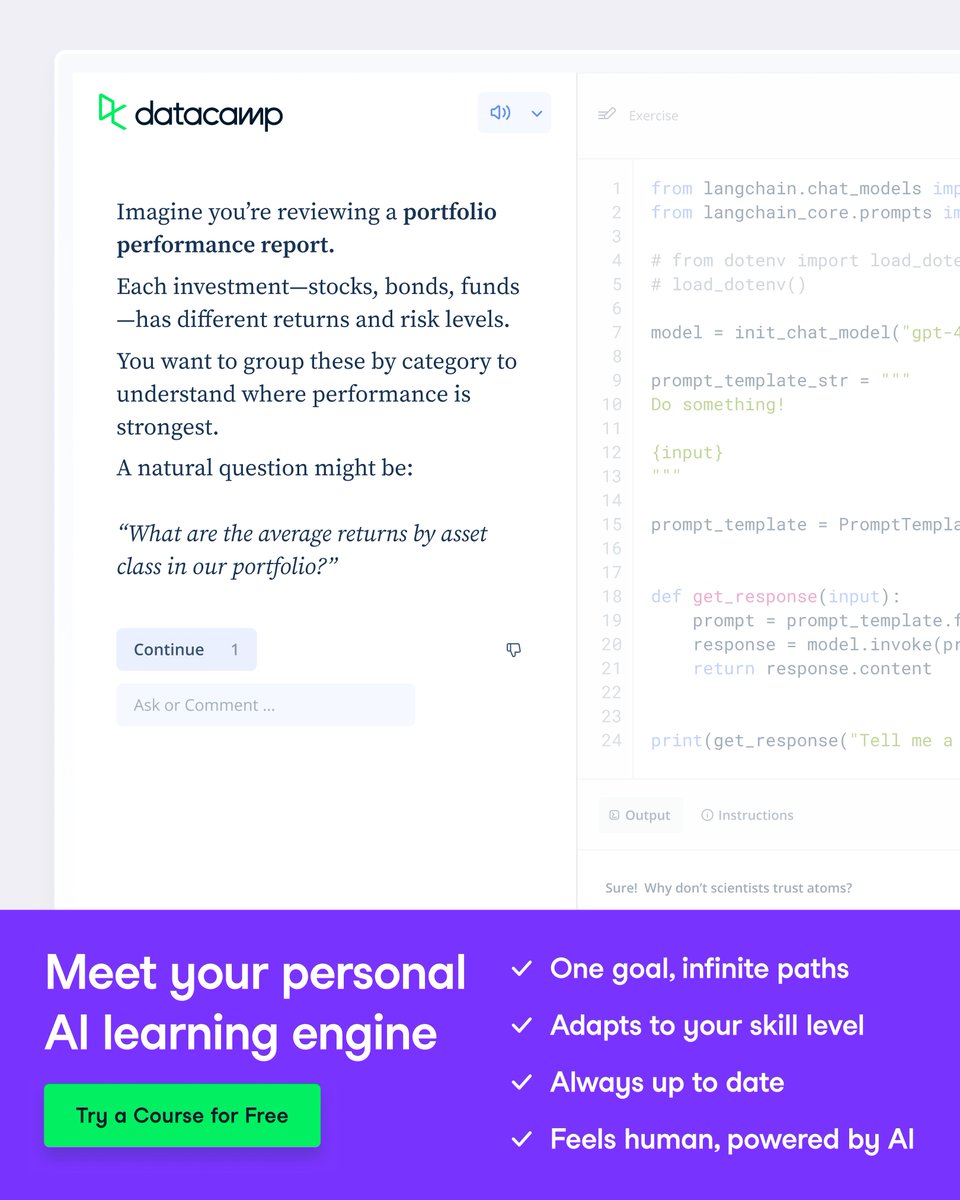 DataCamp's tweet image. The idea that one course can fit everyone is outdated.
AI tutors didn’t fix it—a chatbot on top of static content is still static.

The real shift? AI-native learning.
Lessons that adapt in real time to you.

👉 ow.ly/iNf650XqUE5