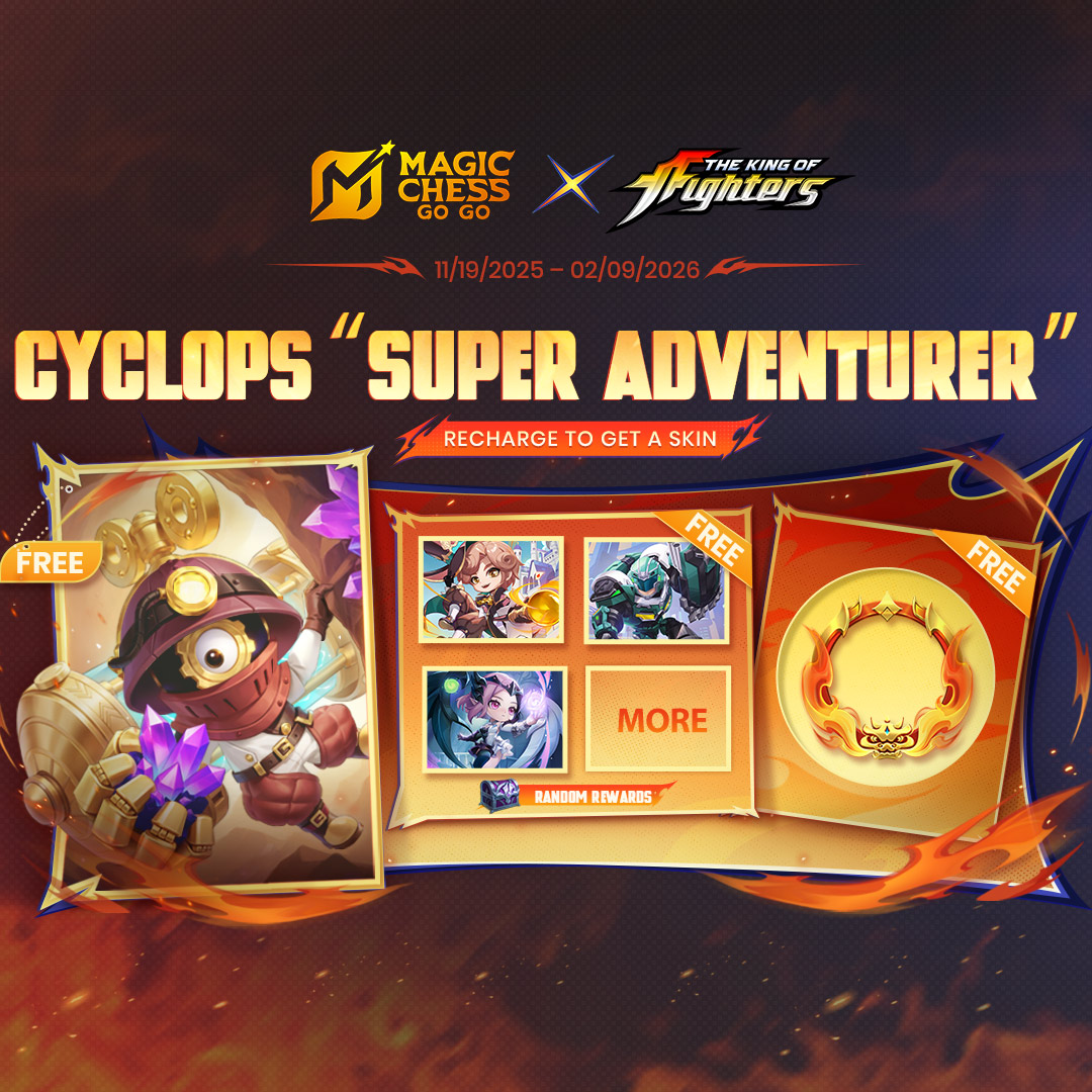 MagicChessGoGo's tweet image. Magic Chess: Go Go (MCGG) is a new Auto Battler game developed by the original MLBB team!

Season 4 Cumulative Recharge event is now live.
Complete recharge tasks to get Cyclops&apos; skin &quot;Super Adventurer&quot; and other free rewards!
Don&apos;t miss this super value event!

#MagicChessGoGo