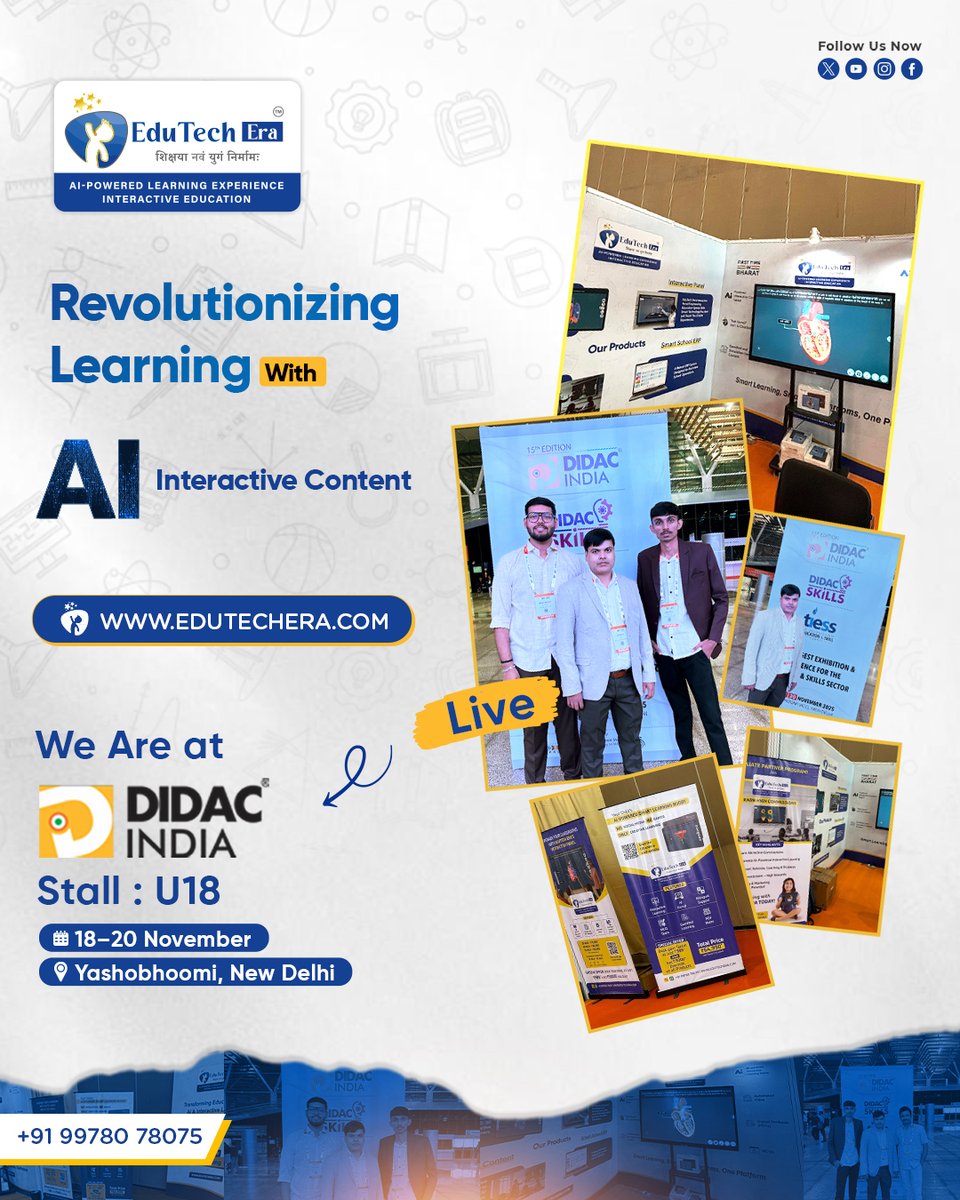 EduTech_Era's tweet image. Sneak peek into the future of education at @DidacIndia   2025! 🚀
Smart classrooms, AI learning &amp;amp; next-gen training tools - experience it all at EduTech Era, Stall U18.
Step into tomorrow’s learning today.

#DIDACIndia2025 #EduTechEra #EdTechRevolution