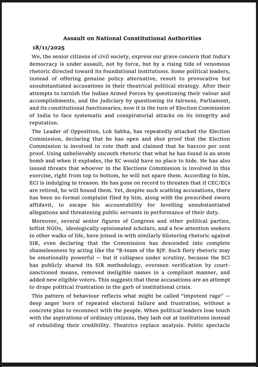MeghUpdates's tweet image. 🚨 BIG BREAKING

272 eminent citizens including 16 judges, 123 retired bureaucrats with 14 ambassadors, and 133 retired armed forces officers have released an open letter. 

They condemn LoP Rahul Gandhi and the Congress Party for trying to tarnish institutions like the Election…