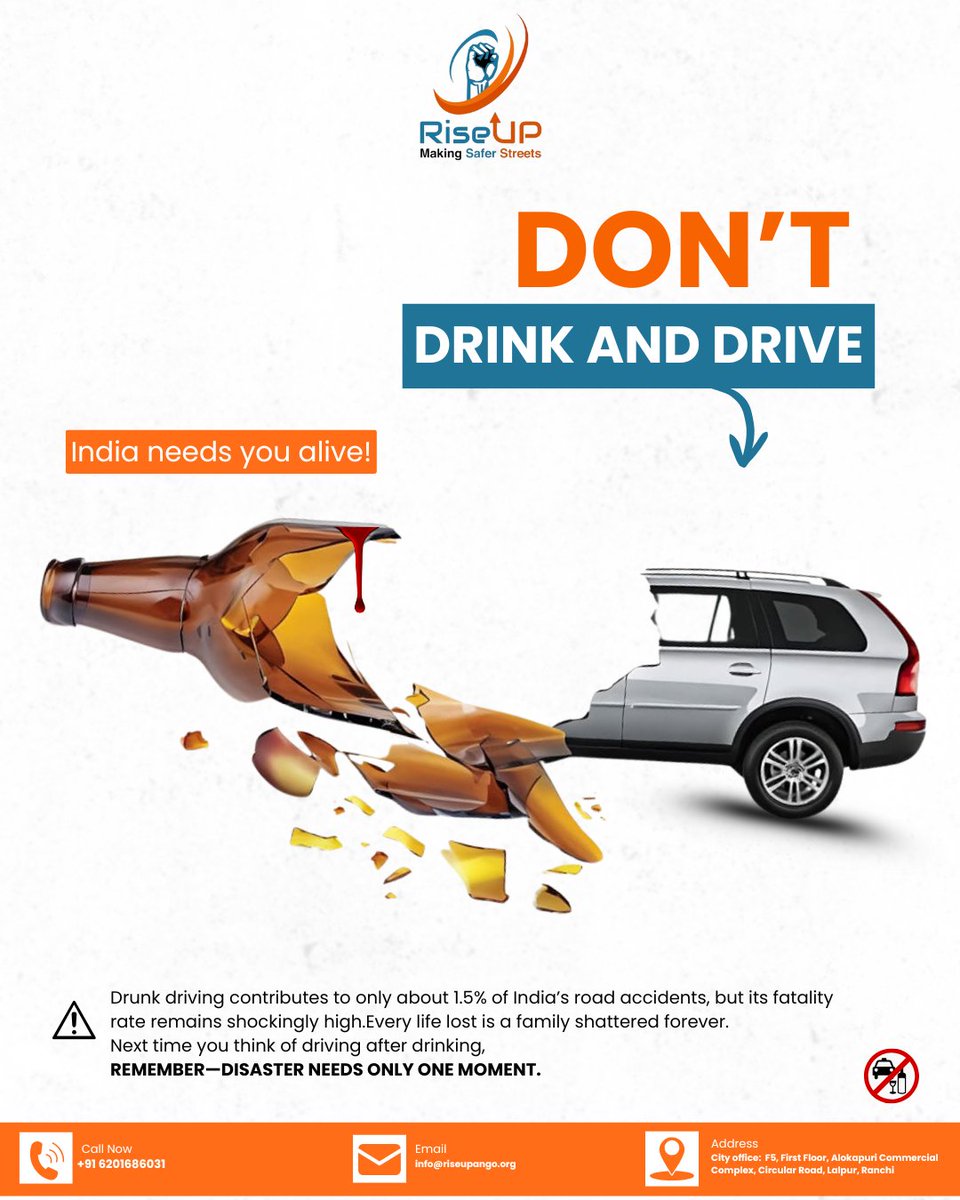 RiseUp_Ngo's tweet image. Don’t drink and drive. India needs you alive.
#RoadSafety #dontdrinkanddrive 

@deepakbiruajmm @ranchipolice @PondyTraffic @KolkataPolice 
@nitin_gadkari @MORTHIndia @rishabhriseup