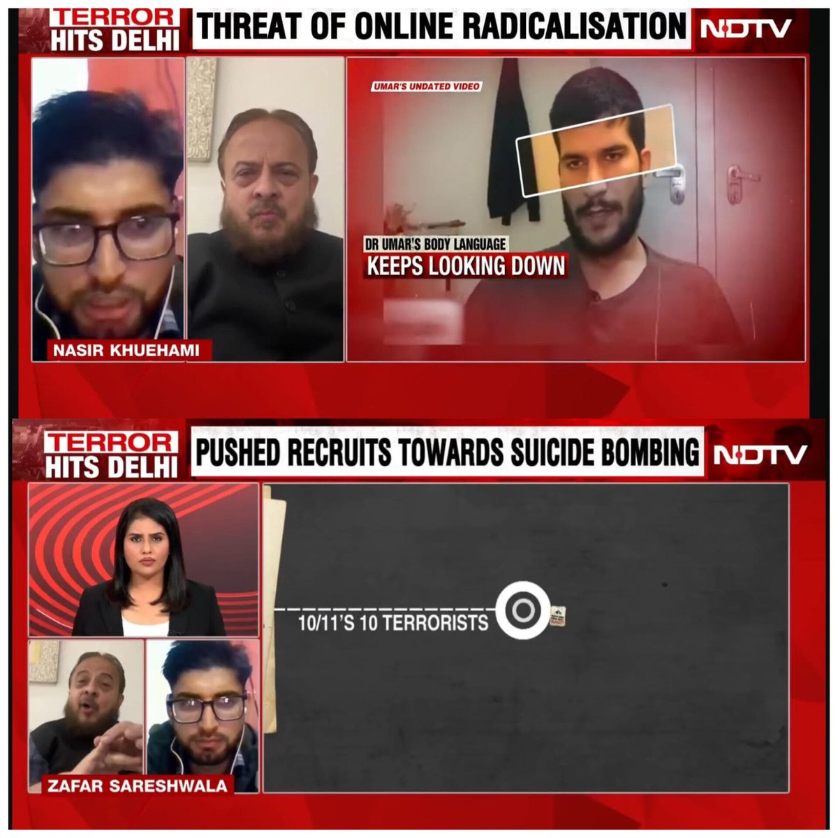 NasirKhuehami's tweet photo. On NDTV, over suicide bombing and the Delhi blast with @Vasudha156 Ji and former MANUU Chancellor @zafarsareshwala Ji; 

Suicide bombing is unequivocally haram in Islam. It is a double crime; taking one’s own life and killing innocent people, both explicitly forbidden in the Qur’an. No grievance, conviction, or political justification can legitimise such an act. Islam allows no targeting of civilians under any circumstance, and even in war it prohibits harm to non-combatants. The remarks made in the viral video by Kashmiri Student are deeply misguided, contradict Islamic teachings, and promote a dangerous mindset. Such extremist narratives must be condemned clearly, countered responsibly, and rejected collectively for the sake of truth, justice, and the sanctity of human life.
@_sayema @ShivAroor @Nidhi @sardesairajdeep @priyankac19 
@gauravcsawant @anjanaomkashyap 
@romanaisarkhan @AshishSinghLIVE 
@SwetaSinghAT @RubikaLiyaquat 
@SreenivasanJain @sanket @ShekharGupta @Pooja_Tripathii