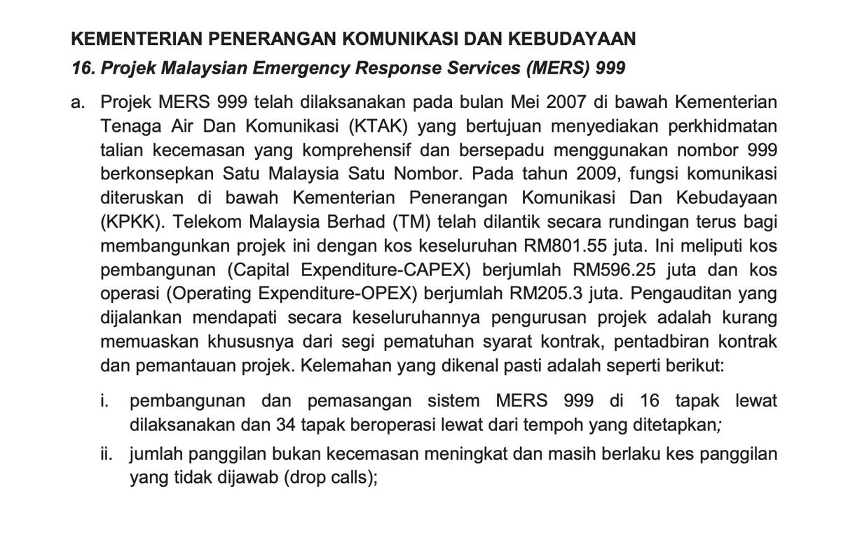 syahir's tweet photo. SaveME 999 bukan benda baru. 

Bermula daripada Malaysia Emergency Response System 999 (MERS 999) dari tahun 2007 dengan kos pembangunan dan operasi RM801.55 juta. 

Telekom Malaysia (TM) dilantik menjadi kontraktor secara direct nego. 

Banyak isu dilaporkan dalam Laporan Ketua Audit Negara 2012 dulu. 

SaveME 999 adalah sebahagian daripada NextGen MERS 999 yang bernilai RM1.25 bilion yang juga dianugerahkan kepada TM tahun lepas (2024) untuk tempoh 12 tahun. 

Kalau tengok SaveME 999 nampak macam takde improvement daripada TM. 

Dulu MERS 999 RM801.55 juta, sekarang nexgen MERS 999 RM1.25 bilion. 

Untuk RM104 juta nilai konsesi setahun sehingga 2038 dan dikatakan menggunakan AI (?), sepatutnya SaveME 999 lebih bagus dan tiada isu macam di bawah MERS 999 yang asal.
