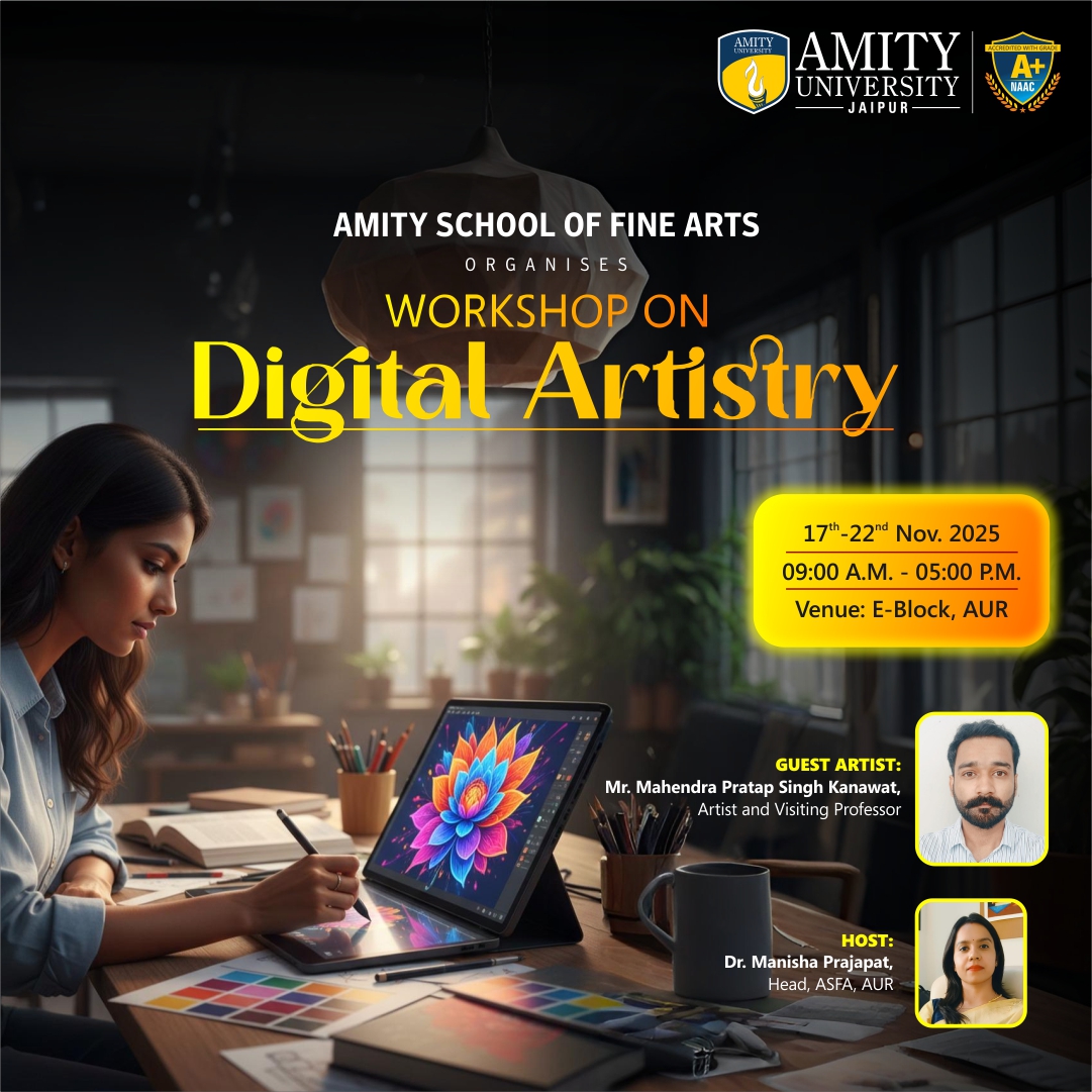 AmityUniJaipur's tweet photo. Amity School of Fine Arts (ASFA), Amity University Jaipur, invites you to a dynamic Workshop on Digital Artistry!
Featuring Guest Artist: Mr. Mahendra Pratap Singh Kanawat
#DigitalArtistry #ASFA #AmityUniversityJaipur #DigitalArt #Workshop #CreativeWorkshop https://t.co/u64R8bzI8O