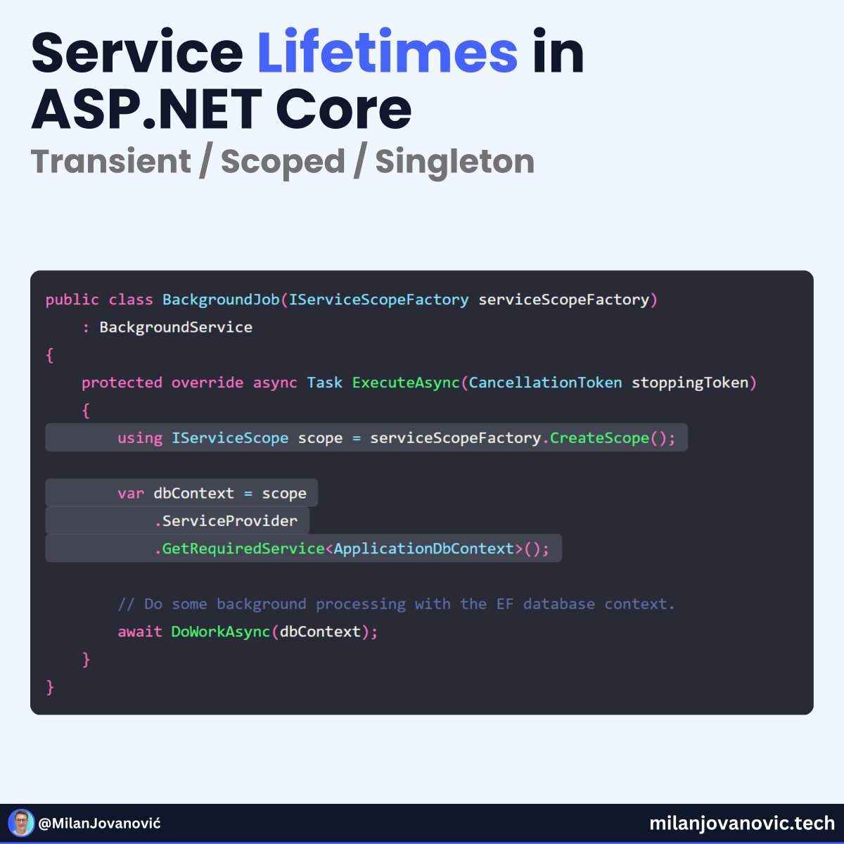mjovanovictech's tweet image. Do you know all 3 service lifetimes in .NET?

ASPNET Core has three service lifetimes:
- Transient
- Singleton
- Scoped

Here&apos;s how they work. 👇

Transient services are created each time they&apos;re requested from the service container.

Scoped services are created once within the…