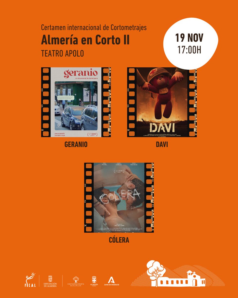 festivalmeria's tweet photo. 🔝Certamen Internacional de Cortometrajes #AlmeríaEnCorto - sesión 5

➡ Ya Hanouni
➡ Pipiolos
➡ Le Jeune Sofiane
➡ La fuerza
➡ Geranio
➡ Davi
➡ Cólera

⏰ 19/NOV 17:00h
📍Teatro Apolo
🎟 Entrada Libre hasta completar aforo

#YoSoyFICAL #FICAL2025 https://t.co/Yu1JEcHlt7