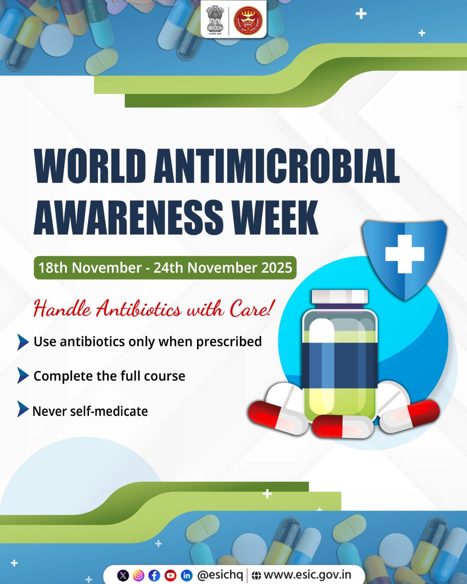 esichq's tweet photo. World Antimicrobial Awareness Week 2025 highlights the urgent need to use antibiotics responsibly. Take them only on a doctor’s prescription, follow the full course, and avoid self-medication to prevent rising antimicrobial resistance.
#ESIC #AntimicrobialAwarenessWeek #AMR #AntimicrobialResistance #OneHealth
