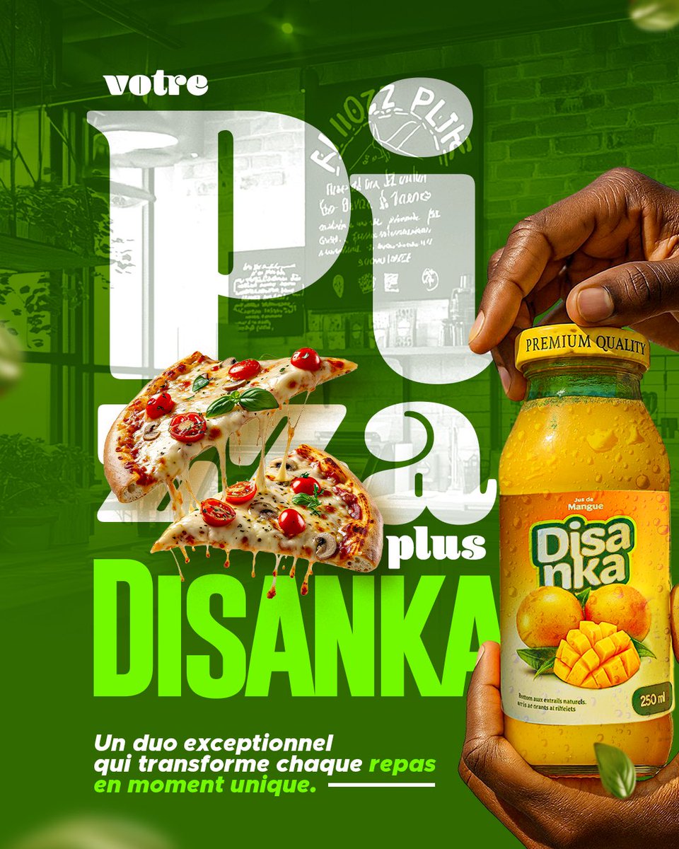 Découvrez l'harmonie des saveurs chez #Pizza_In. Imaginez : une #Pizza riche et parfaitement croustillante, suivie de la vague de fraîcheur exotique du jus de mangue Disanka.

Ce duo #Pizza 🍕 + #Disanka est votre dose garantie de délice et d'énergie. Une expérience gustative que