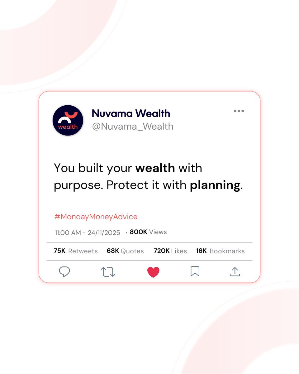 Nuvama_Wealth's tweet image. From insurance to investments, every plan counts. Because true wealth is in knowing your family’s future is secure.​
.
.
#MondayMoneyAdvice #WealthProtection #LongTermPlanning #SecureFuture