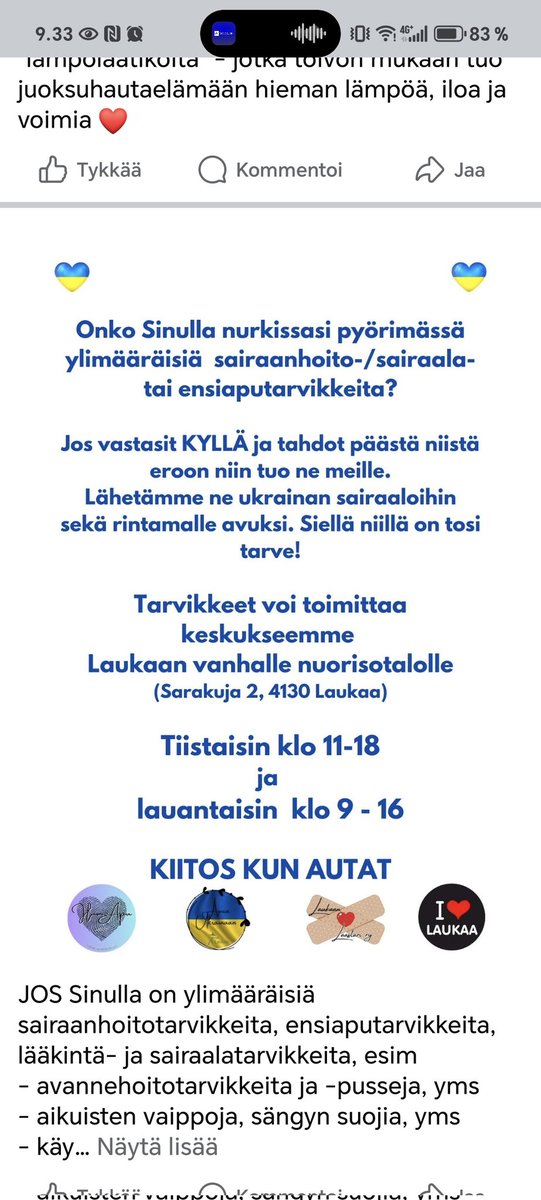 #ukraina

Muista myös lähelläsi olevat kerääjät!
Esim. jos on jäänyt omaiselta hoitotarvikkeita.