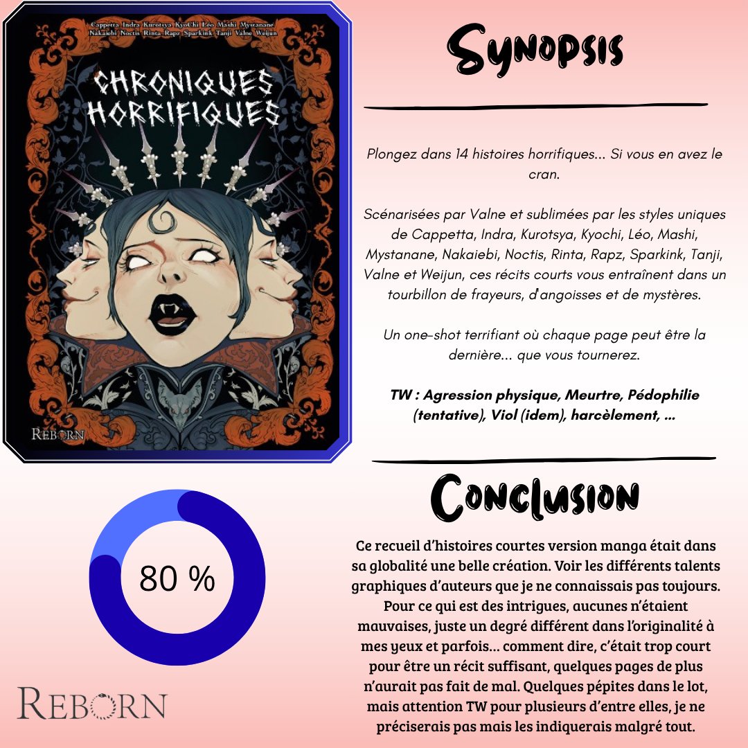 SRead26's tweet photo. 📚Chroniques Horrifiques👻  
Un recueil d'histoires courtes version manga, je ne dis jamais non ! Certaines m'ont semblés trop courtes, mais globalement, j'adore !

https://t.co/VZwhxqeatx

#lecturefr #manga #manfra https://t.co/WC6FfqjmvR
