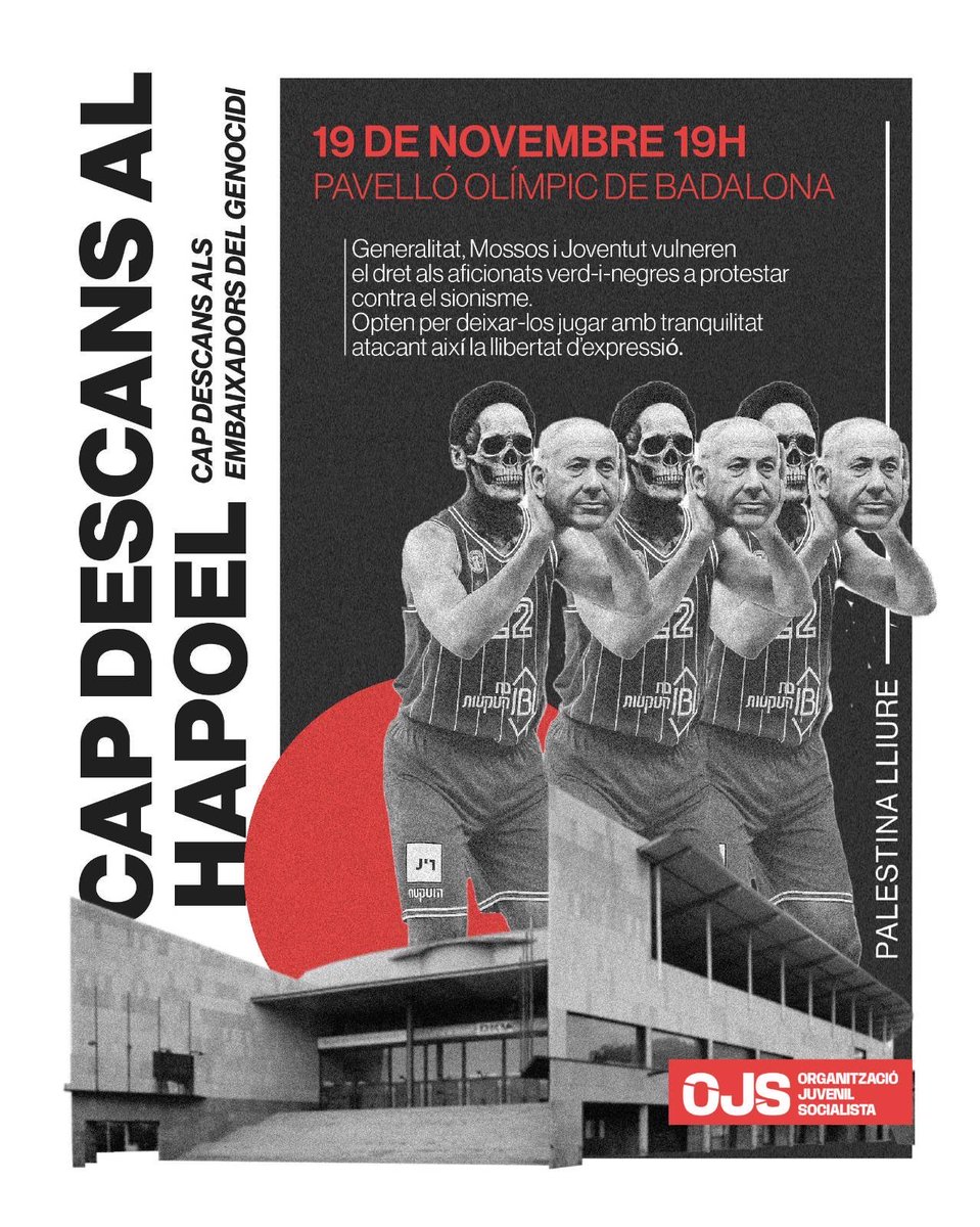OJS_Badalona's tweet image. 🔴 𝑪𝑨𝑷 𝑫𝑬𝑺𝑪𝑨𝑵𝑺 𝑨𝑳𝑺 𝑬𝑴𝑩𝑨𝑰𝑿𝑨𝑫𝑶𝑹𝑺 𝑫𝑬𝑳 𝑮𝑬𝑵𝑶𝑪𝑰𝑫𝑰

Malgrat l’intent de Generalitat, Mossos i Joventut, continuem assenyalant als embaixadors del genocidi.

Aquesta tarda, a les 19h, les joves treballadores serem al Pavelló Olímpic!
