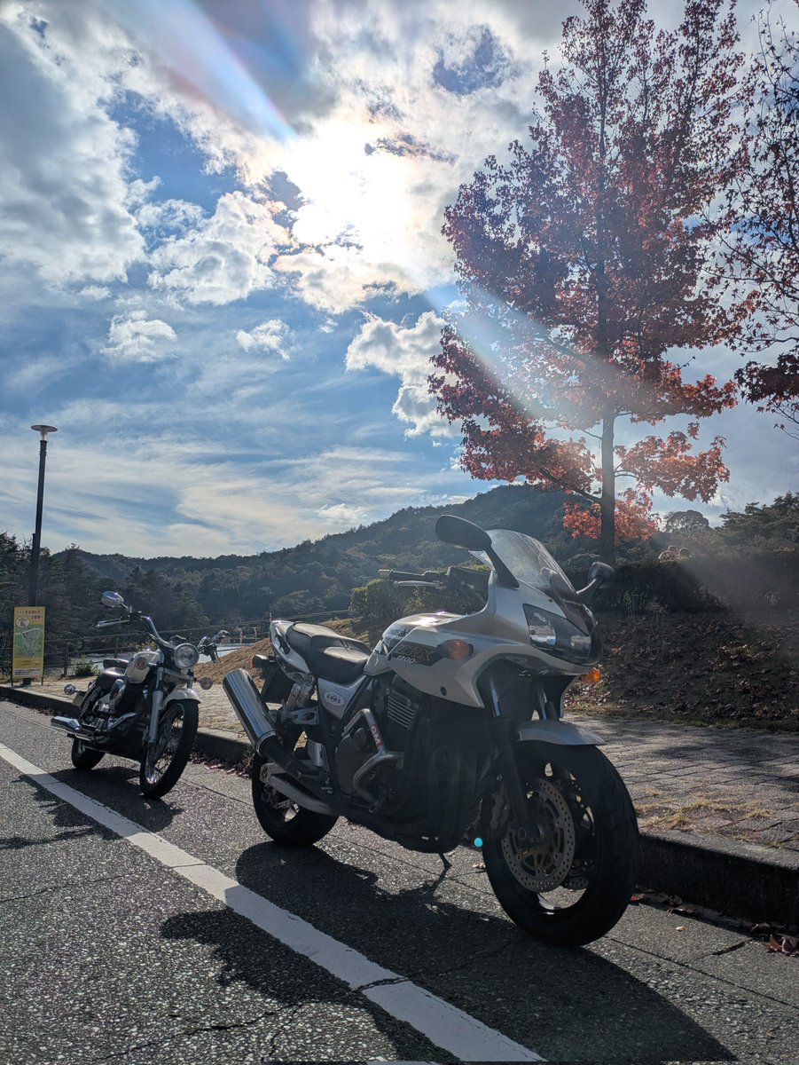 mizushima_aria's tweet photo. #これを見た人は愛車の背景が紅葉の画像を貼れ
玉野市の深山公園にやって来ましたが平日でも結構人がいましたね😁
#夫婦ツーリング ひっさしぶり~
#ZRX1200S 3日ぶり〜
#DS250 始動時バッテリーやばかった😅 https://t.co/AmxG8fav5N