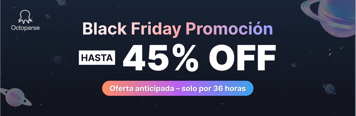 OctoparseES's tweet image. 🚨 ¡El Black Friday ya está activo en Octoparse! 🚨
 Prepárate para llevar tus datos al siguiente nivel: esta oportunidad épica es por tiempo limitado. ⚡
 Enlace: octoparse.es/black-friday-s…
 #BlackFriday #Octoparse #WebScraping #AutomatizaciónDeDatos