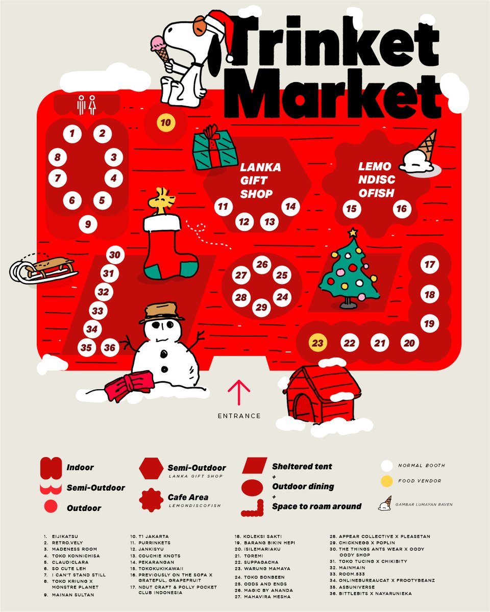 Trinket Market Vol. 4 is NEXT WEEKEND! 💖🛍️
Here’s your tenant map: save it, plan your stops, tag friends who’d like this too!

🗓️ 29 - 30 November
📍 LEMONDISCOFISH, Kemang
🎟️ Free entry
P.S. No on-site parking
🚊 MRT: Blok A
🚌 TransJakarta: 6N -> Jl. Kemang Selatan no.1