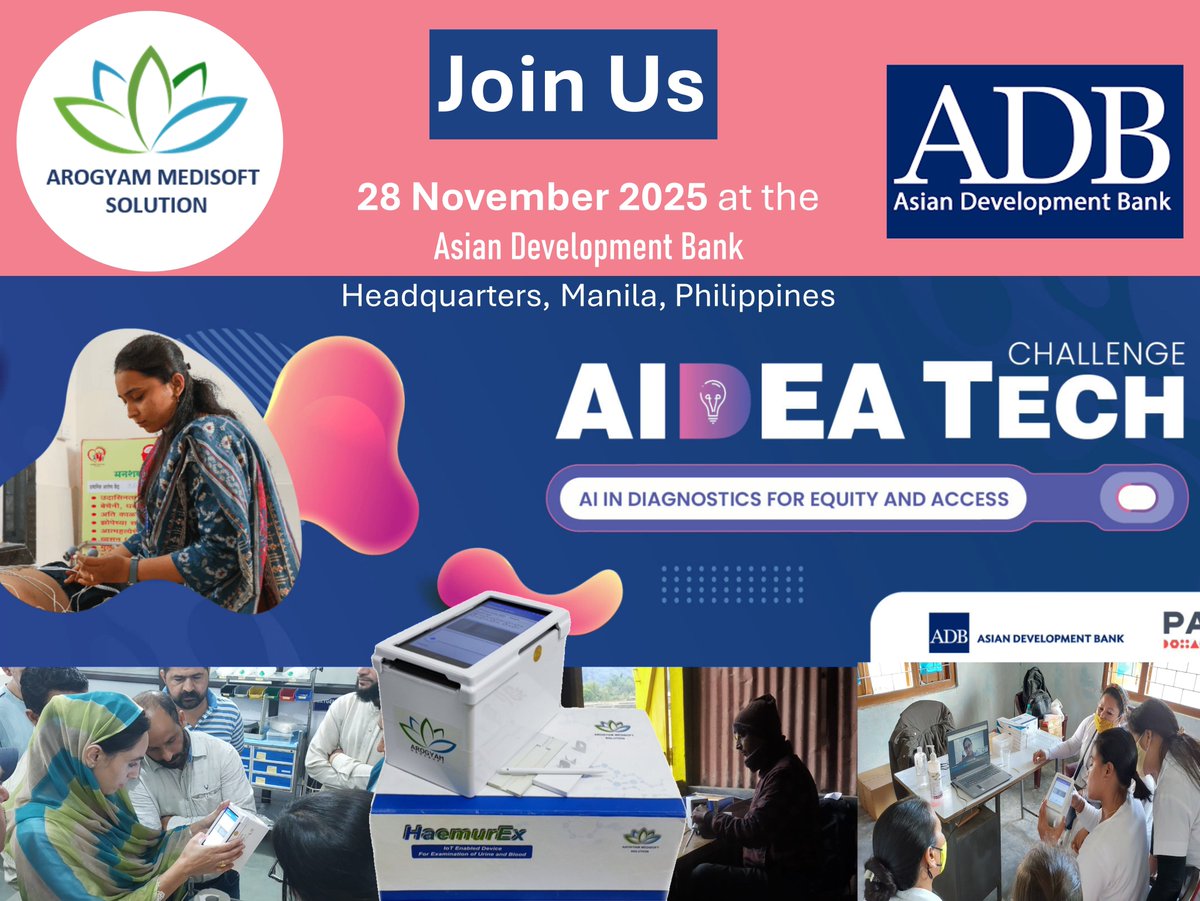 ArogyamMedisoft's tweet image. Arogyam Medisoft is one of the Top 10 finalists for AIDEA Tech Challenge – Artificial Intelligence (AI) for Diagnostics Equity and Access showcase event, which will be held on 28 November 2025 at the ADB Headquarters, Manila, Philippines.