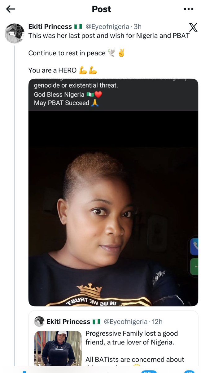 Nov 2 she denied insecurity.

By Nov 18th, the insecurity took her life.
Again, we are all victims.

If you like be a BATIST.