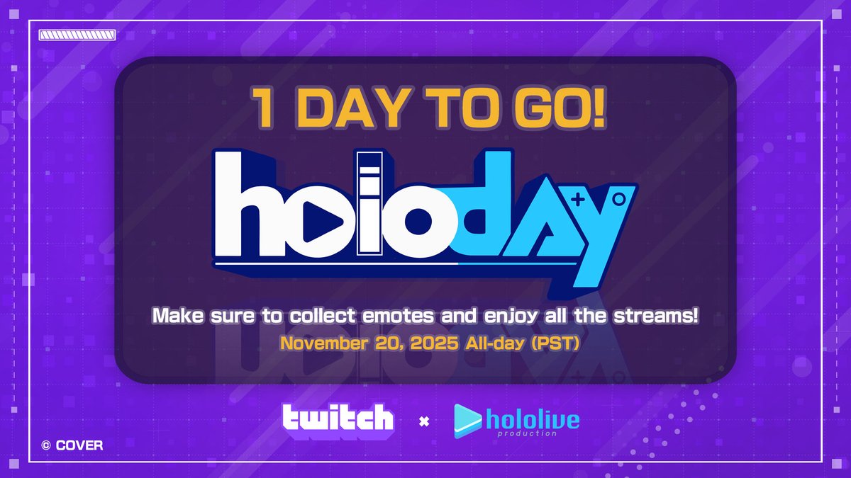 hololive_En's tweet image. 🎮#holoday🎮

✨ TOMORROW! ✨

Only 1 day left until #holoday, the special 24-hour takeover event on Twitch! (@twitch)🎉
Don’t miss it!

🔽Details
hololive.hololivepro.com/en/news/202511…

🔽Twitch
twitch.tv
