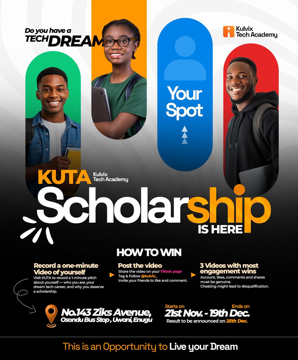 kulvix's tweet photo. We are excited to bring this your way!😀

Stand the chance to win the Kulvix Tech Academy scholarship to learn a Tech Skill and break new grounds in the tech world

To join the challenge: Follow details on flyer 

Visit https:/services.kulvix.com/tech-academy/ https://t.co/08mqNr0MD3