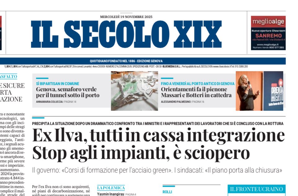 Su <a href="/ilsecoloxix/">Il Secolo XIX</a>  di oggi l’intervista ai rappresentanti sindacali sulla crisi dell’ex   #ilva. All’orizzonte c’è la chiusura e la perdita di 6 mila posti di lavoro diretti e 5 mila di indotto (in tutta Italia).
Quale futuro senza #lavoro?