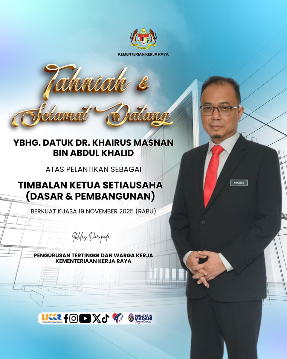 Tahniah kepada YBhg. Datuk Dr. Khairus Masnan bin Abdul Khalid atas pelantikan sebagai TKSU (Dasar &amp; Pembangunan) KKR berkuat kuasa 19 November 2025.

Selamat menjalankan tugas.

#KKR #MalaysiaMADANI #MADANIBekerja