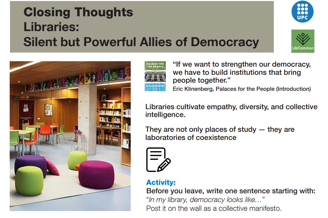 CarmeFenoll's tweet photo. 📚🌏Ahir a la Bib. Rector Ferraté de la @UPC vaig tenir el plaer de presentar el taller "How to Promote Democracy and Civic Engagement from Public and University Libraries" en el marc del projecte LibCommons.
Moltes gràcies, @ColletJordi i @ester_omella per la implicació i a tots els assistents per la productiva trobada