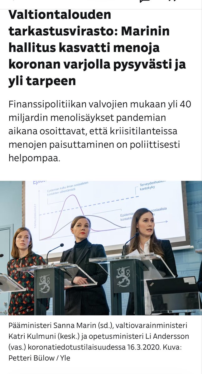 Marinin hallitus kasvatti holtittomasti velkaa. 
”VTV:n mukaan koronan aiheuttamien poikkeusten varjolla kasvatettiin myös pysyviä, koronakriisiin liittymättömiä menoja tavalla, joka heikentää julkisen talouden tasapainoa vielä tänäkin päivänä.”