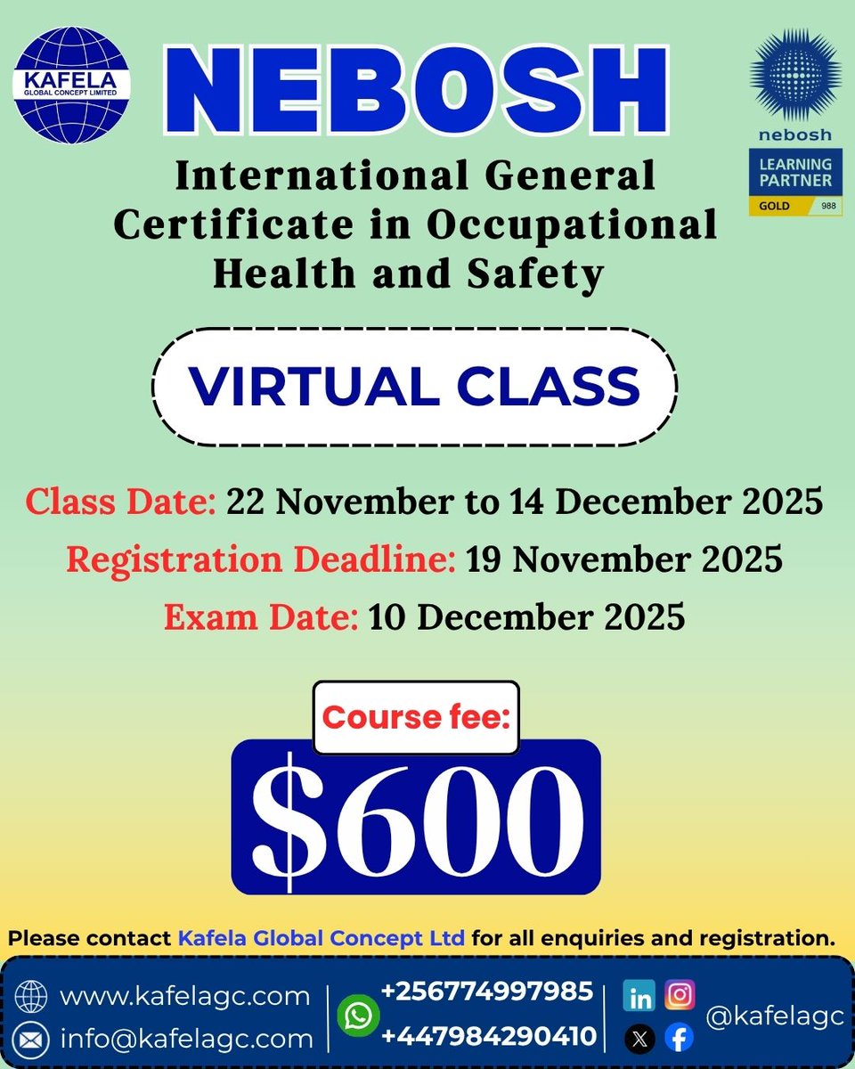 Kafelagc's tweet image. ⏳ The Countdown Begins for The NEBOSH Class! 

Kafela Global Concept Limited — your trusted NEBOSH Gold Learning Partner — is pleased to announce that enrolment for the NEBOSH International General Certificate in Occupational Health and Safety (IGC)