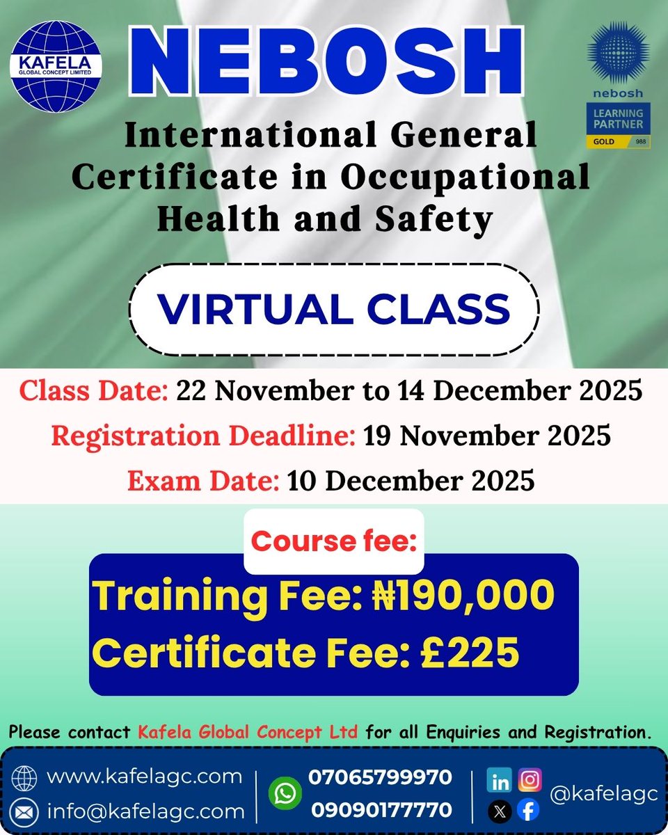 Kafelagc's tweet image. ⏳ The Countdown Begins for The NEBOSH Class! 

Kafela Global Concept Limited — your trusted NEBOSH Gold Learning Partner — is pleased to announce that enrolment for the NEBOSH International General Certificate in Occupational Health and Safety (IGC)