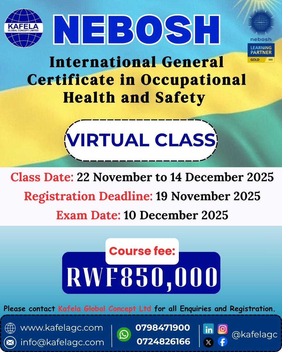 Kafelagc's tweet image. ⏳ The Countdown Begins for The NEBOSH Class! 

Kafela Global Concept Limited — your trusted NEBOSH Gold Learning Partner — is pleased to announce that enrolment for the NEBOSH International General Certificate in Occupational Health and Safety (IGC)