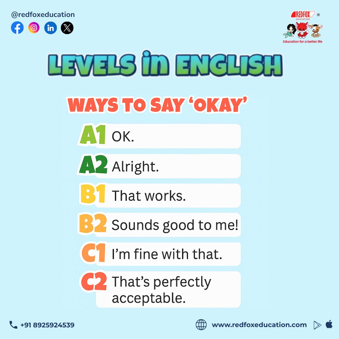 RedFox_EdTech's tweet image. Level up your English in seconds! 💬✨
Here are simple and advanced ways to say “OKAY” — from A1 beginner to C2 expert level.

Download Our Mobile App:
Google Play: bit.ly/31lO56z
App Store: apple.co/39UxPwl

#EnglishLearning #EnglishLevels #RedFoxEducation
