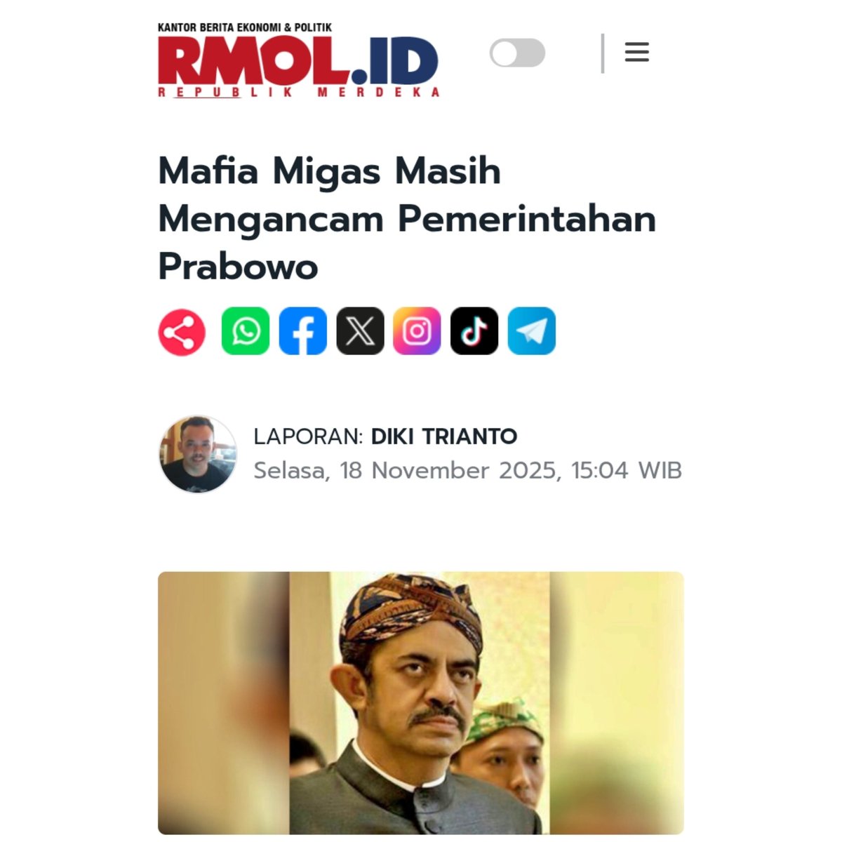 Mafia migas masih membayang-bayangi pemerintahan Presiden Prabowo. 

Gimana mau beres, boss mafianya yaitu Riza Chalid blm juga ditangkap oleh <a href="/KejaksaanRI/">Kejaksaan RI</a> !! 🫤

------
Ini X Cucun Selasa Hoax Pull