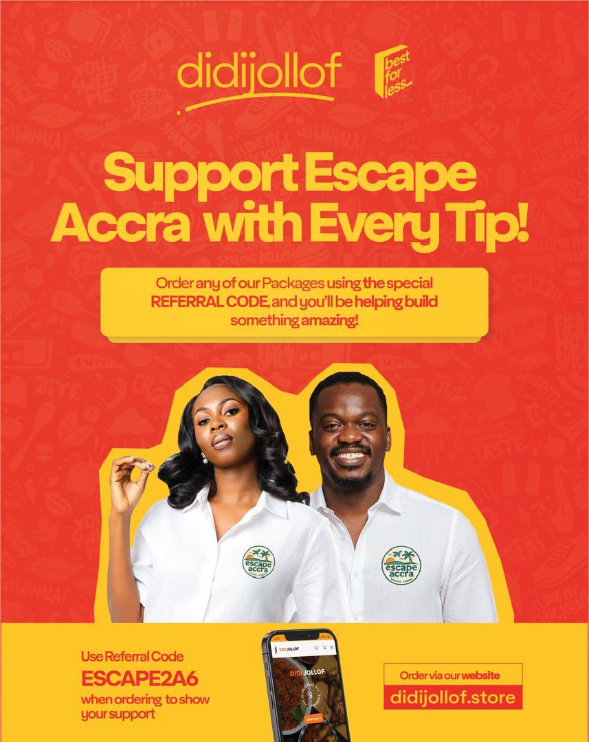 tagoe_raymond's tweet photo. Escape Accra community, this one’s for you!
When you order from @didijollof using ESCAPE2A6, you’re directly supporting our journey, our trips, and our growth.
Let’s eat good and make magic together. ✨🍛🌍 https://t.co/ovznPjnk1H