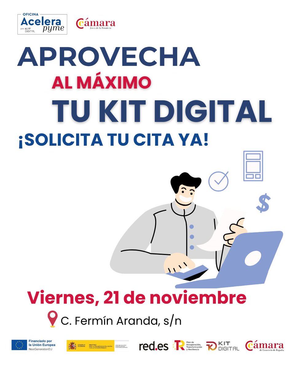 CamaraJerez's tweet image. 🎯Asesoramiento GRATUITO - Kit Digital.
📅Viernes 21 de noviembre
📍Cámara de Jerez
🔗acelerapyme@camarajerez.com
#OficinasAcelerapyme; #Acelerapyme #PlanDeRecuperación #NextGenerationEU #TransformaciónDigital @redpuntoes  @camarascomercio @SEDIAgob  @P_Recuperacion  @Acelerapyme